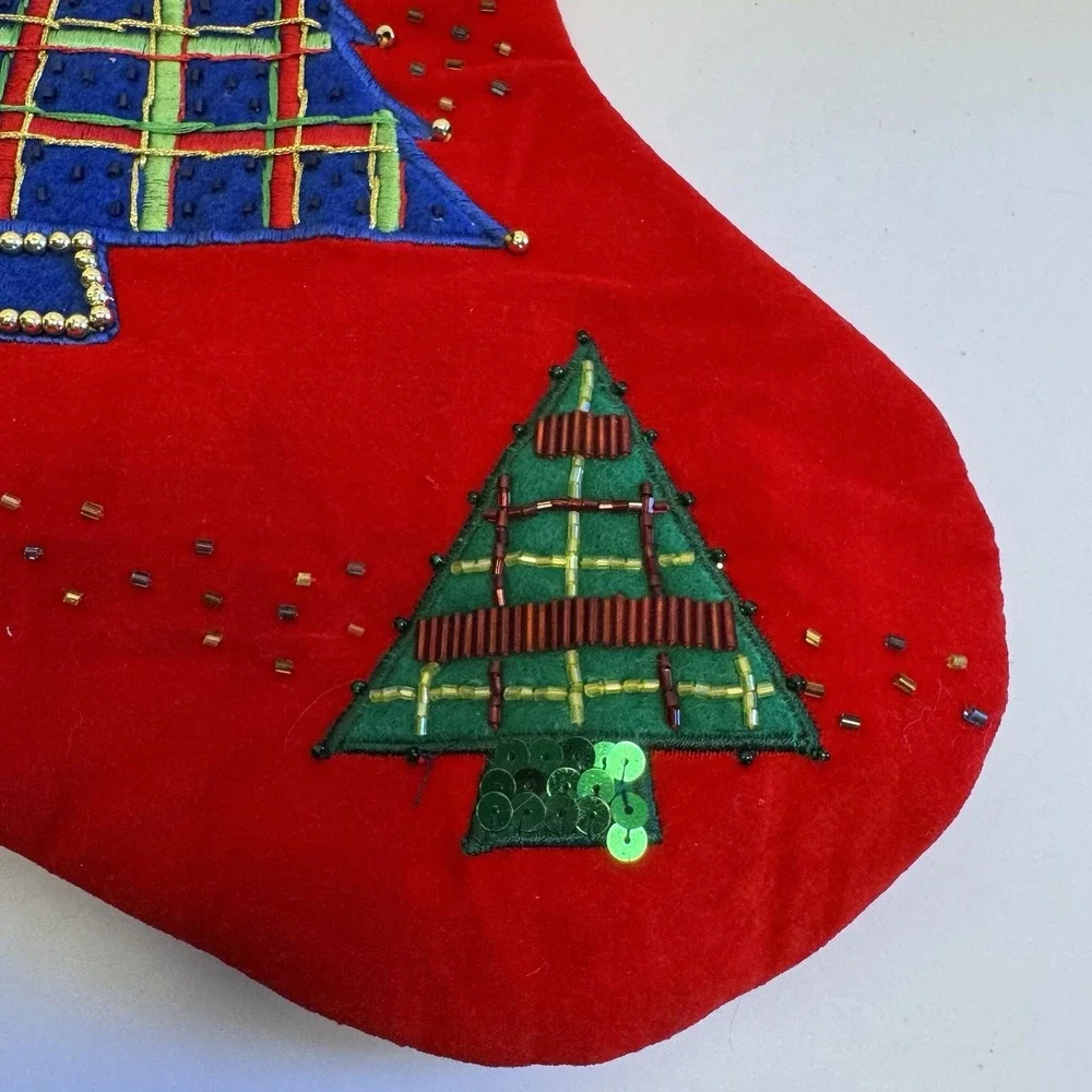 Vintage Christmas Stocking Red Embellished Trees Embroidery‎ Beaded